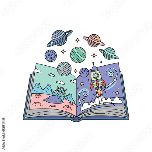 An illustration depicts a rocket launching into space from an open book with planets.