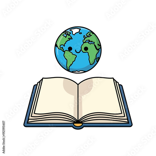 An open book with a smiling cartoon globe floating above it on a white background.
