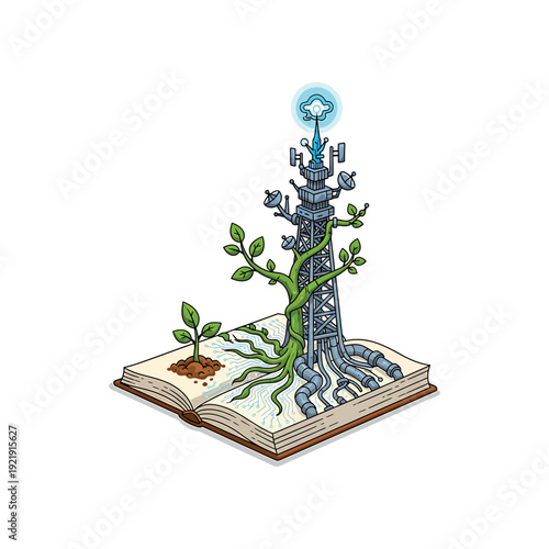 A futuristic cell tower emerging from an open book, surrounded by growing plants and technology