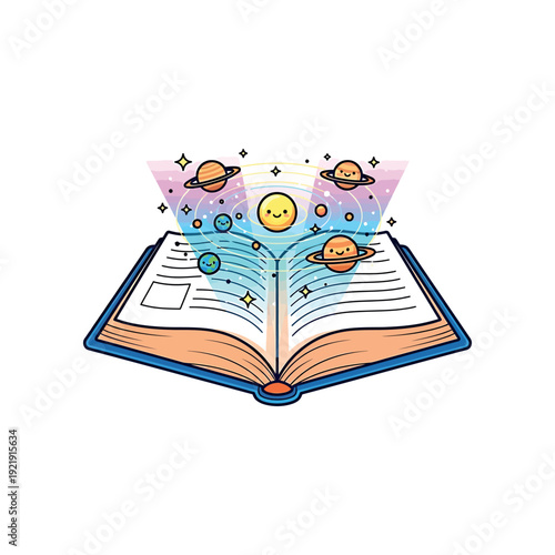 An open book with planets and stars emerging from its pages in a magical scene.