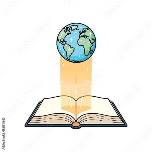 An open book emits light rays to the floating Earth globe above it.