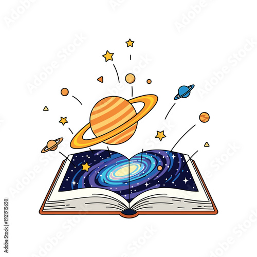 An open book with a vibrant galaxy inside, surrounded by floating planets and stars in a whimsical illustration.