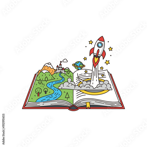 An open book with a rocket launching from its pages into a starry sky