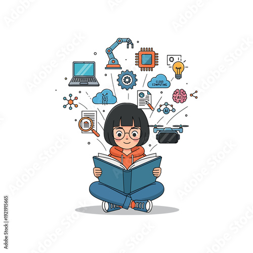 Young girl reading a book surrounded by technology and innovation symbols in a whimsical illustration.