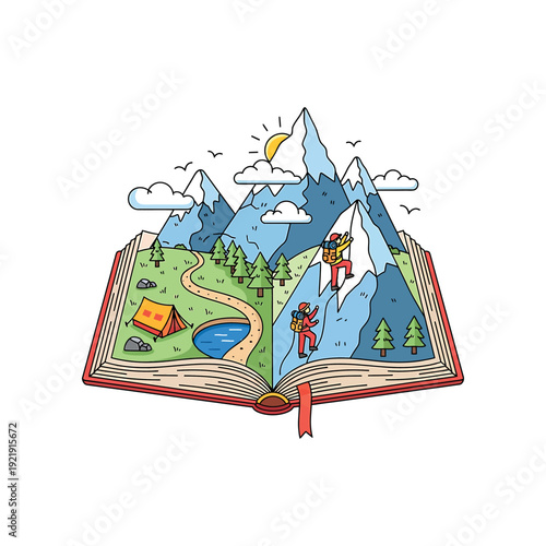 Illustration of climbers on mountain emerging from an open book with tent and landscape