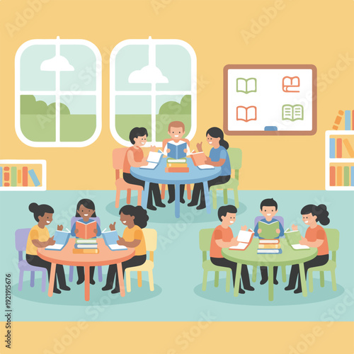 Nine diverse children and young adults are engaged in reading and studying at three round tables within a cozy, sunlit learning environment.
