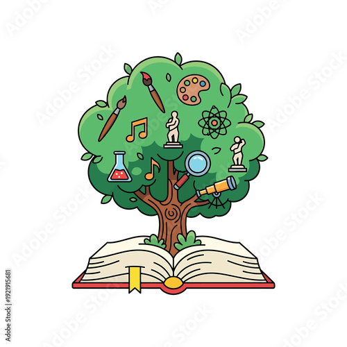 An open book with a tree growing out of it, surrounded by various educational icons and symbols.