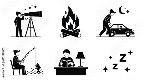 Collection of six distinct black and white icons representing common human activities like stargazing, camping, driving, fishing, reading, and sleeping.