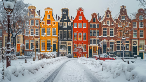 Wallpaper Mural European colorful houses along winter snowy street, minimalist style flat art design landscape Torontodigital.ca