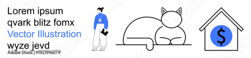 Workplace, finances, home management, lifestyle, pet ownership, savings. Woman standing with a document, a resting cat and a house with a dollar symbol. Workplace and finances concept