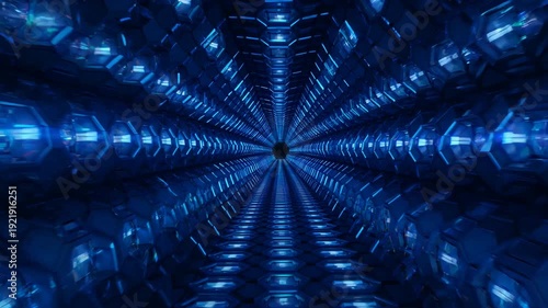 Hexagonal blue tunnel with futuristic design and a dark vanishing point perspective