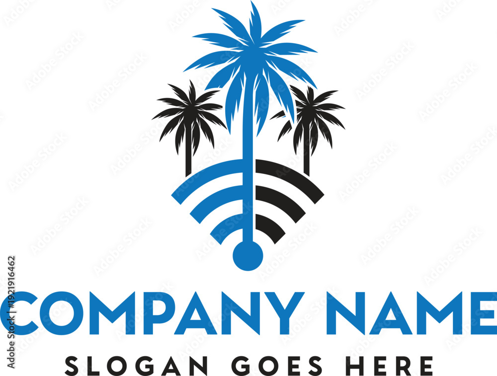 Obraz premium A vibrant logo features palm trees silhouetted against a wifi signal with company branding below