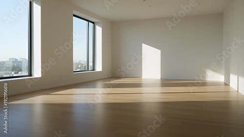 Bright and spacious modern empty room with hardwood floors and large windows