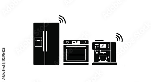 Smart kitchen appliances with wireless connectivity including refrigerator, oven, and coffee maker in modern sleek design for home automation and technology