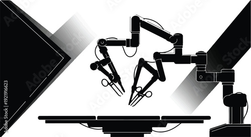 Black and white illustration of robotic arms and mechanical tools working on computer monitor with futuristic technology and industrial design elements