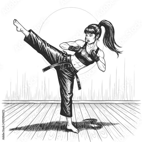 Strong woman performing high karate kick in dojo: Design for martial arts school flyers, self-defense workshop posters, or fitness motivation content. Transparent background SVG version.