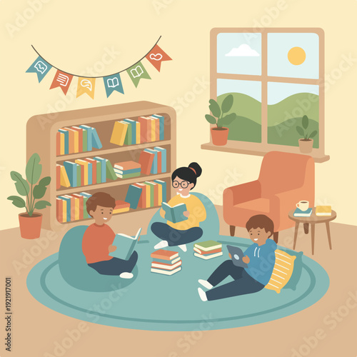 Four people, including children and an adult, are happily reading books and using a tablet in a cozy, bright room with a large window and a bookshelf.