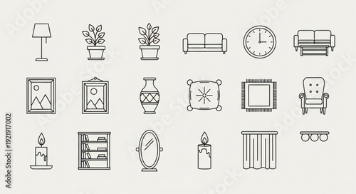 Collection of hand-drawn interior design elements and furniture icons.