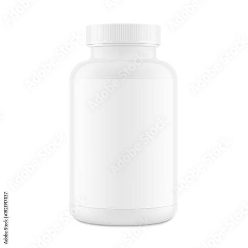 Plastic packer pill bottle mockup with label for treats, vitamins, supplements. Vector illustration isolated on white background. Mockup is ideal for health projects. EPS10.