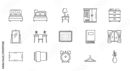 Collection of hand drawn furniture and home decor icons.