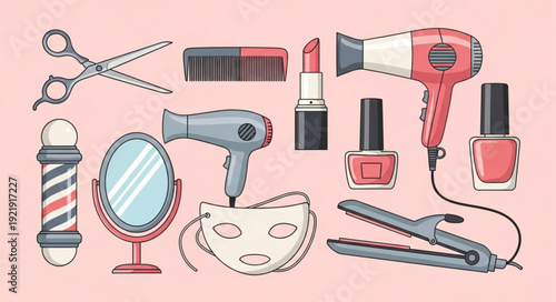 Beauty salon equipment and cosmetics illustration.