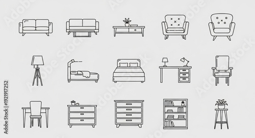 Collection of hand drawn furniture icons for interior design.