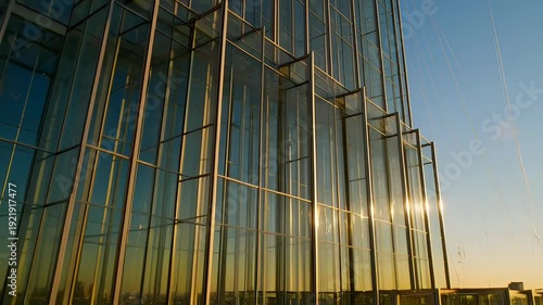 Sunlight Reflecting off a Glass Skyscraper with Intricate Steel Frame at Sunset