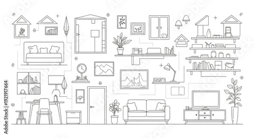 Architectural drawing of a modern living room interior design.