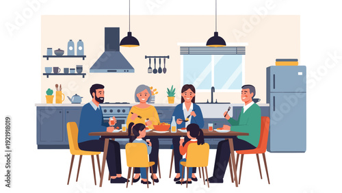 Three generations of happy family eating dinner together at table in modern kitchen, sharing meal and conversation.