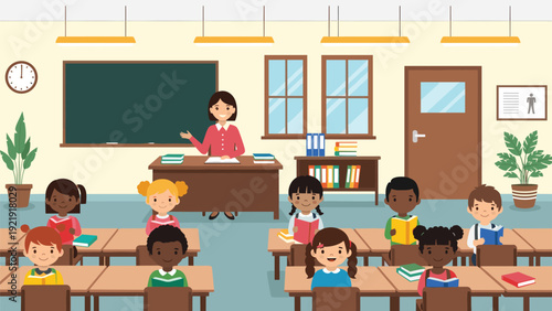 Diverse elementary school students sitting in classroom and reading books while teacher sits at her desk in the background.
