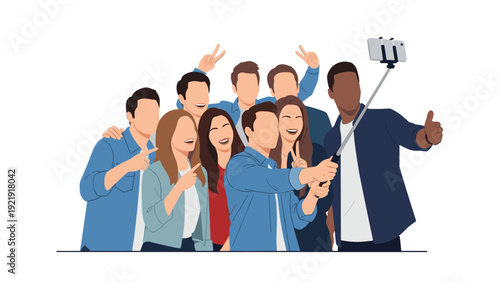 Large group of happy friends taking group selfie using smartphone on selfie stick, enjoying time together and celebrating.