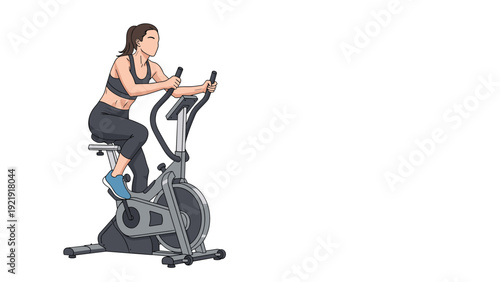 Young woman in sportswear training on stationary exercise bike, practicing indoor cycling for fitness and weight loss.