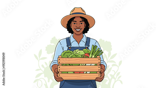Proud female farmer wearing sun hat holding wooden crate filled with fresh organic vegetables from her garden.