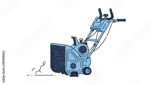 Blue powerful snowblower machine for clearing snow from driveways and sidewalks during winter season, isolated on white background.