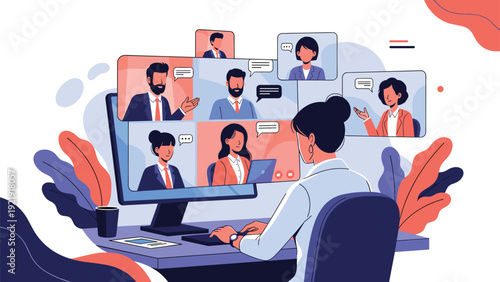 Businesswoman working from home on computer participating in video conference meeting with diverse team members.