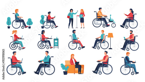 Collection of diverse people in wheelchairs engaged in daily activities including working on laptops and social interaction.