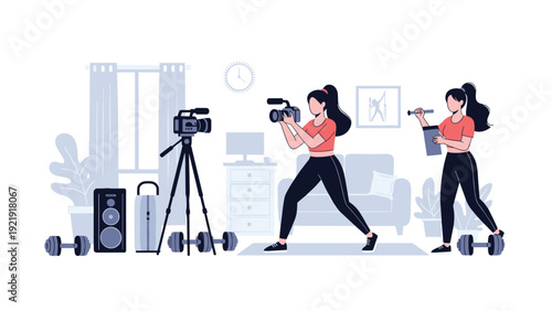 Fitness blogger filming home workout video with professional camera and lights, practicing squats for social media content.