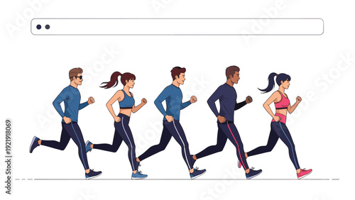 Group of five diverse people running together outdoors, practicing jogging for fitness, health, and group activity.