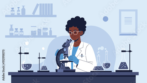 Black female scientist looking through microscope in modern laboratory, conducting medical research and scientific experiments.