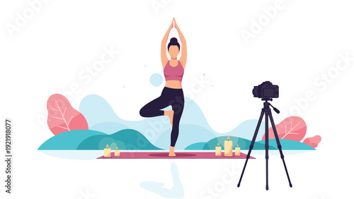 Woman practicing yoga tree pose on mat in peaceful studio while recording video for online class using camera.