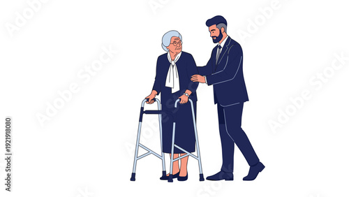 Kind young man in professional suit helping elderly woman using walker, providing support and care for senior citizens.