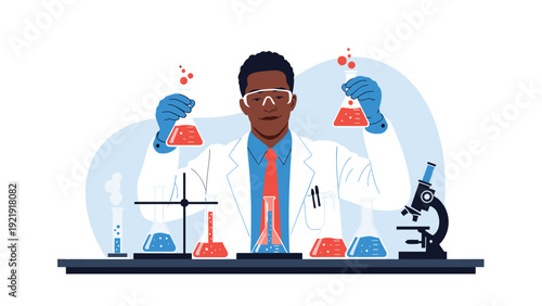Professional Black male scientist working in chemistry laboratory holding flasks with red and blue liquids, conducting research.