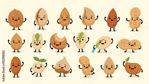 Collection of cute cartoon nuts including almonds, peanuts, and walnuts with happy faces, promoting healthy snacking.