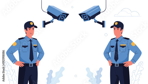 Two professional security guards standing in uniform with surveillance cameras above them, ensuring safety and monitoring.