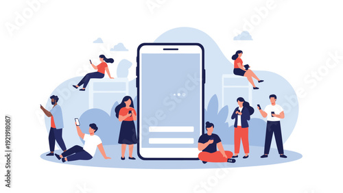 Group of people using smartphones around giant mobile phone, representing digital addiction, social media, and mobile technology.
