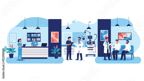 Busy interior of modern hospital with diverse medical staff including doctors and nurses attending to patients in lobby.