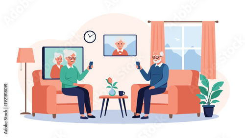 Elderly couple sitting in living room using smartphones to video call family on TV, using technology for communication.