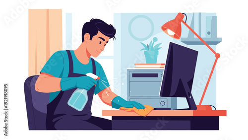 Professional male cleaner in overalls using spray bottle and cloth to disinfect computer desk in office environment.