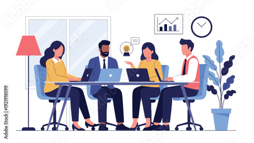 Group of diverse professionals collaborating on a project during a productive business meeting in a modern office environment.