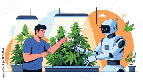 Man and an advanced robot collaborating in a modern greenhouse to monitor and cultivate medical cannabis plants efficiently.